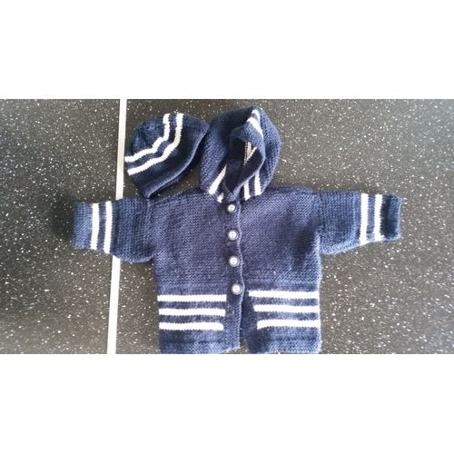 Ensemble Vêtement Gilet + Bonnet Assorti Bleu Et Blanc