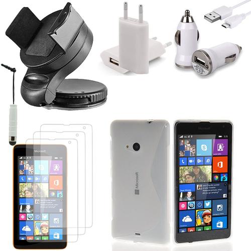 Microsoft Nokia Lumia 535/ 535 Dual Sim: Lot Etui Housse Coque Pochette Accessoires Support Chargeur Voiture Films Stylet Silicone Gel - Transparent