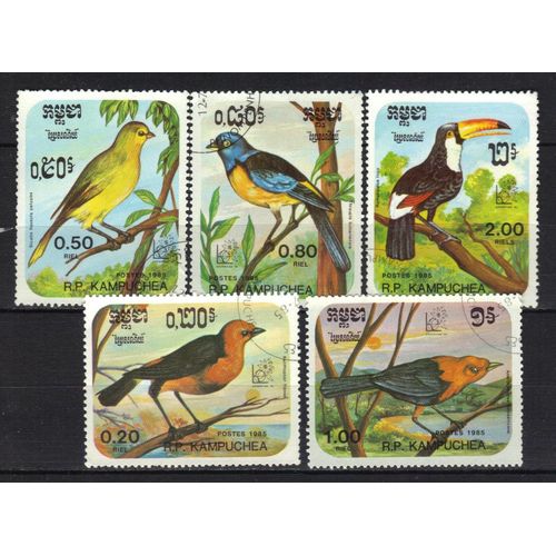 Kampuchea 1985 : Oiseaux Divers - Série De 5 Grands Timbres Oblitérés