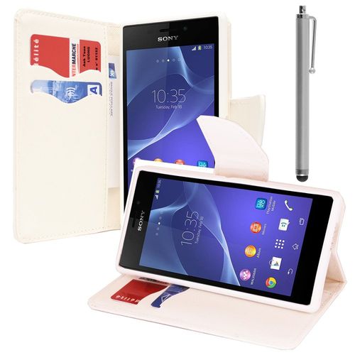 Etui Portefeuille Pour Sony Xperia M2 4.8" Support Video Cuir Pu Effet Tissu - Blanc + Stylet