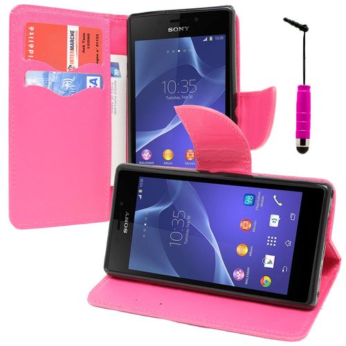 Etui Portefeuille Pour Sony Xperia M2 4.8" Support Video Cuir Pu Effet Tissu - Rose + Mini Stylet