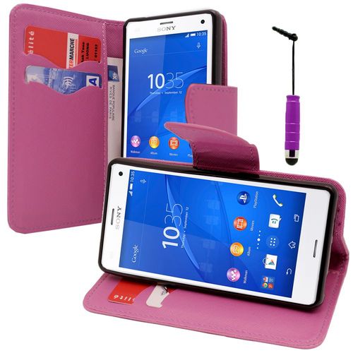 Etui Portefeuille Pour Sony Xperia Z3 Compact 4.6" Support Video Cuir Pu Effet Tissu - Violet + Mini Stylet