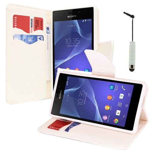 Etui Portefeuille Pour Sony Xperia M2 4.8" Support Video Cuir Pu Effet Tissu - Blanc + Mini Stylet