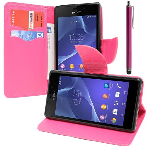 Etui Portefeuille Pour Sony Xperia M2 4.8" Support Video Cuir Pu Effet Tissu - Rose + Stylet