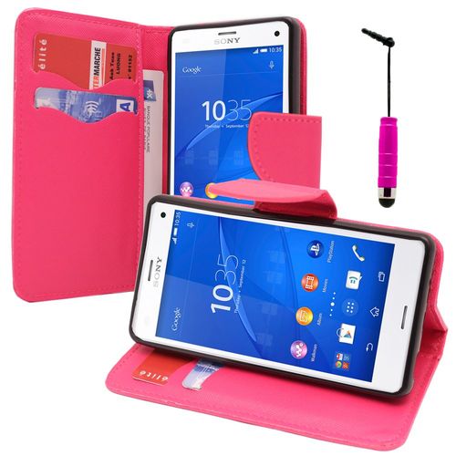 Etui Portefeuille Pour Sony Xperia Z3 Compact 4.6" Support Video Cuir Pu Effet Tissu - Rose + Mini Stylet