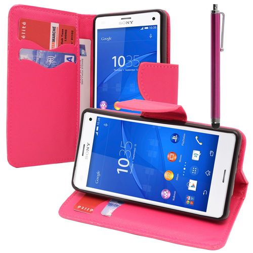 Etui Portefeuille Pour Sony Xperia Z3 Compact 4.6" Support Video Cuir Pu Effet Tissu - Rose + Stylet