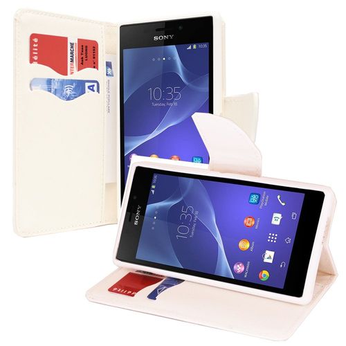 Etui Portefeuille Pour Sony Xperia M2 4.8" Support Video Cuir Pu Effet Tissu - Blanc