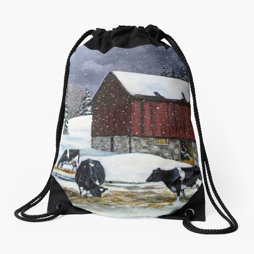 Sac à dos Vaches dans la basse-cour enneigée, peinture originale, animaux de ferme Sac à cordon pour le sport cadeau