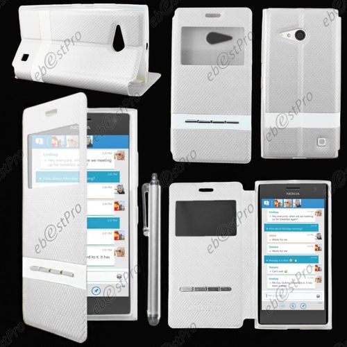 Ebeststar ® Housse Coque Etui Smart View Cover Type S-View Portefeuille Livre Pour Nokia Lumia 735 730 Dual, Couleur Blanc + Stylet + Film Protection D'écran