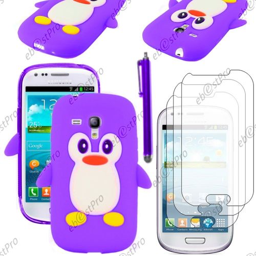 Ebeststar ® Etui Housse Coque Pingouin Silicone Souple Design Fun Pour Samsung Galaxy S3 Mini Gt-I8190, I8190n, Couleur Violet + Stylet 3 Film