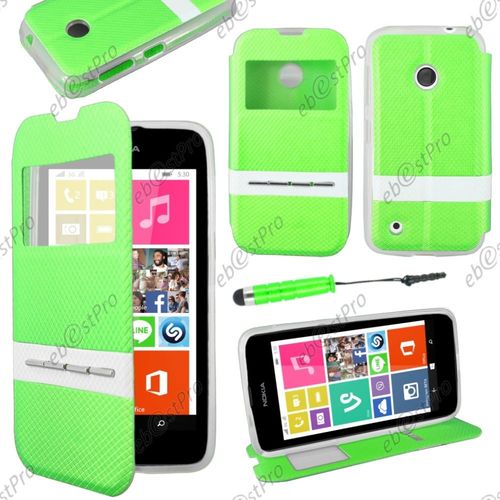 Ebeststar ® Housse Coque Etui Smart View Cover Type S-View Portefeuille Livre Pour Nokia Lumia 530, Couleur Vert + Mini Stylet + Film Protection D'écran