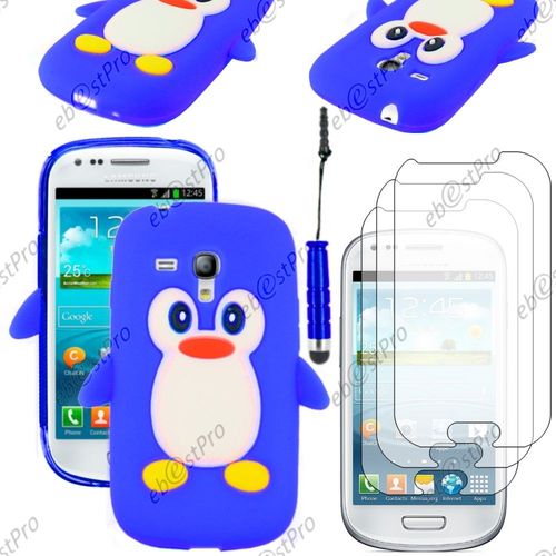 Ebeststar ® Etui Housse Coque Pingouin Silicone Souple Design Fun Pour Samsung Galaxy S3 Mini Gt-I8190, I8190n, Couleur Bleu + Mini Stylet 3 Film