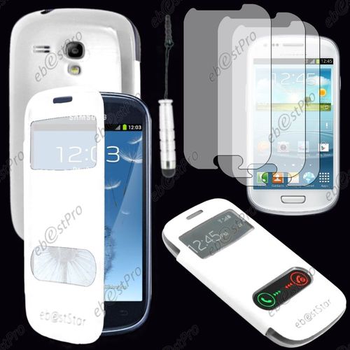 Ebeststar ® Housse Coque Etui Smart View Cover Type S-View Portefeuille Livre Pour Samsung Galaxy S3 Mini Gt-I8190, I8190n, Couleur Blanc + Mini Stylet 3 Film