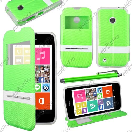 Ebeststar ® Housse Coque Etui Smart View Cover Type S-View Portefeuille Livre Pour Nokia Lumia 530, Couleur Vert + Stylet + Film Protection D'écran