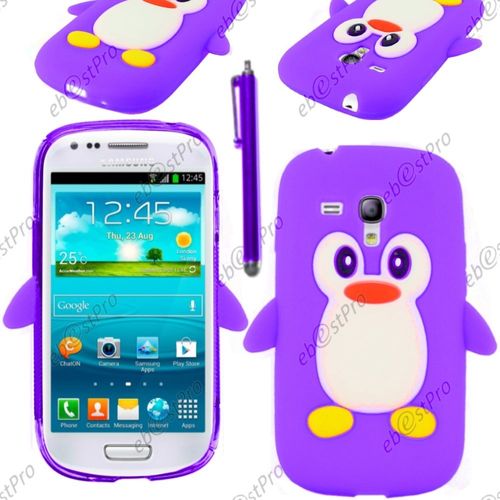 Ebeststar ® Etui Housse Coque Pingouin Silicone Souple Design Fun Pour Samsung Galaxy S3 Mini Gt-I8190, I8190n, Couleur Violet + Stylet + Film Protection D'écran