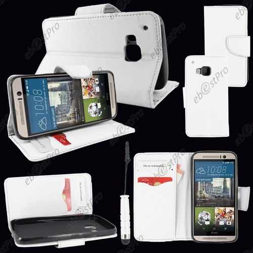 Ebeststar ® Housse Coque Etui Portefeuille Folio Book Livre Simili Cuir Pour Htc One M9, One Hima, Couleur Blanc + Mini Stylet + Film Protection D'écran