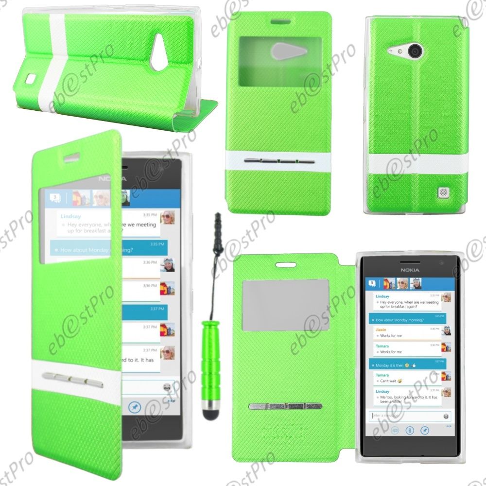 Ebeststar ® Housse Coque Etui Smart View Cover Type S-View Portefeuille Livre Pour Nokia Lumia 735 730 Dual, Couleur Vert + Mini Stylet + Film Protection D'écran