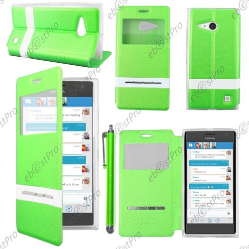 Ebeststar ® Housse Coque Etui Smart View Cover Type S-View Portefeuille Livre Pour Nokia Lumia 735 730 Dual, Couleur Vert + Stylet + Film Protection D'écran