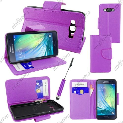 Ebeststar ® Housse Coque Etui Portefeuille Folio Book Livre Simili Cuir Pour Samsung Galaxy A3 Sm-A300f, Couleur Violet + Mini Stylet + Film Protection D'écran