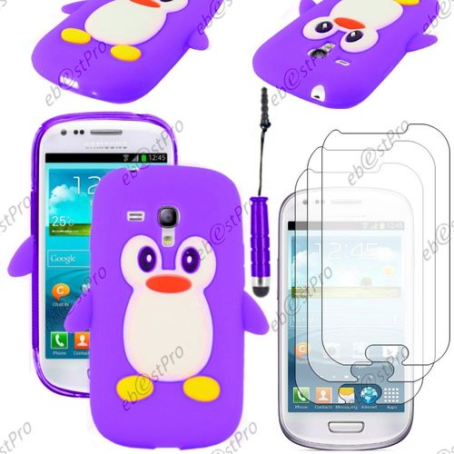 Ebeststar ® Etui Housse Coque Pingouin Silicone Souple Design Fun Pour Samsung Galaxy S3 Mini Gt-I8190, I8190n, Couleur Violet + Mini Stylet 3 Film