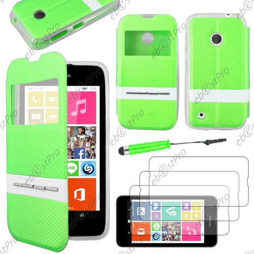 Ebeststar ® Housse Coque Etui Smart View Cover Type S-View Portefeuille Livre Pour Nokia Lumia 530, Couleur Vert + Mini Stylet 3 Film