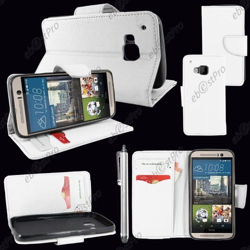 Ebeststar ® Housse Coque Etui Portefeuille Folio Book Livre Simili Cuir Pour Htc One M9, One Hima, Couleur Blanc + Stylet + Film Protection D'écran