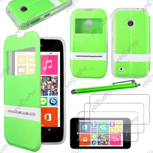 Ebeststar ® Housse Coque Etui Smart View Cover Type S-View Portefeuille Livre Pour Nokia Lumia 530, Couleur Vert + Stylet 3 Film