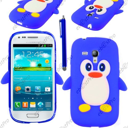 Ebeststar ® Etui Housse Coque Pingouin Silicone Souple Design Fun Pour Samsung Galaxy S3 Mini Gt-I8190, I8190n, Couleur Bleu + Stylet + Film Protection D'écran