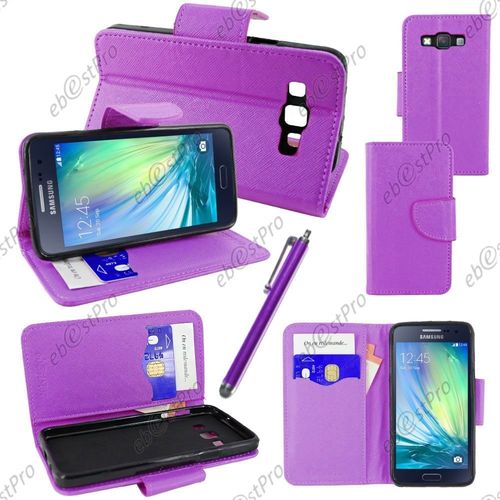 Ebeststar ® Housse Coque Etui Portefeuille Folio Book Livre Simili Cuir Pour Samsung Galaxy A3 Sm-A300f, Couleur Violet + Stylet + Film Protection D'écran