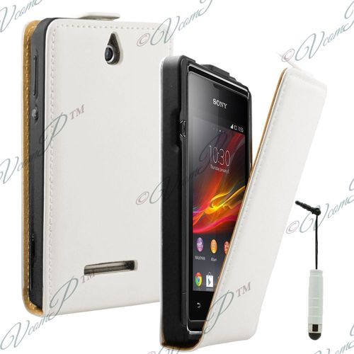 Etui Rabattable Verticale Pour Sony Xperia E 3.5" En Cuir Pu - Blanc + Mini Stylet