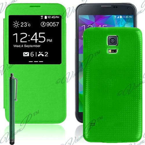 Etui Flip Coque Pour Samsung Galaxy S5 5.1" S-View Support - Vert + Stylet