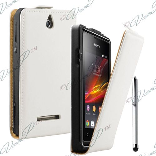 Etui Rabattable Verticale Pour Sony Xperia E 3.5" En Cuir Pu - Blanc + Stylet