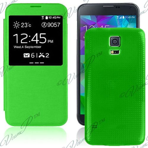 Etui Flip Coque Pour Samsung Galaxy S5 5.1" S-View Support - Vert