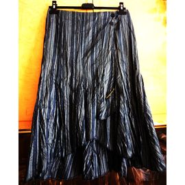 Jupe Porte-Feuille Bleue Taille 38 Imprimé Rayé Bleu Et Gris Fil Argent Et Or Yessica 