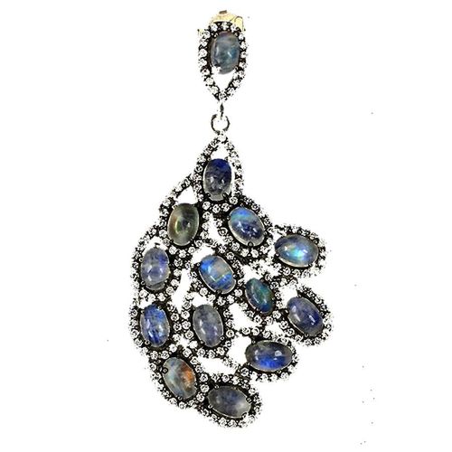 Pendentif Pierre De Lune . Argent 925 Rhodié Noir + Chaine En Argent 925
