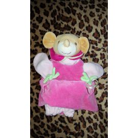 Doudou Marionnette Souris Robe Rose + Bébé Nounours