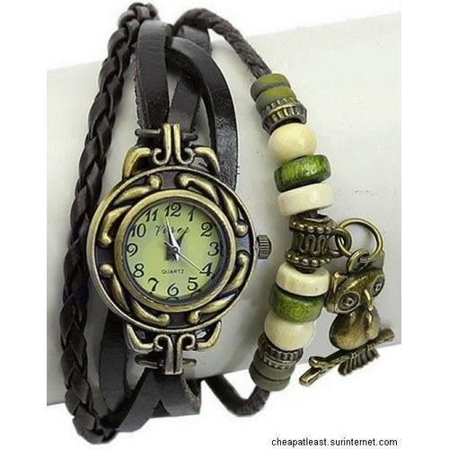 Montre Bracelet - Style Hippie Chic, Rétro, Vintage - Cuir Noir Tressé Avec Perles Et Breloque Chouette / Hibou (Cheapatleast)