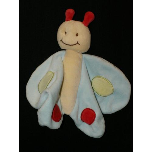 Doudou Plat Papillon Tex Bleu Ciel Et Jaune Ronds Vert Anis Et Rouge