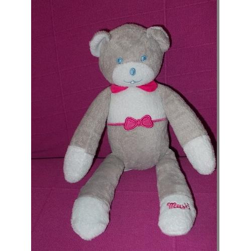 Doudou Ours Gris Noeud Rose Musti De Mustela