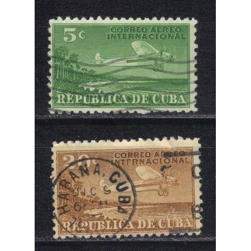Cuba 1931 Poste Aerienne : Avions Survolant La Côte - Série De 2 Timbres Oblitérés