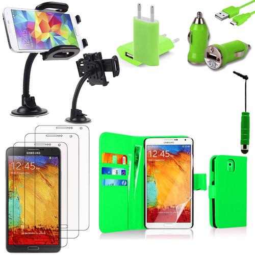 Samsung Galaxy Note 3 N9000/ N9002/ N9005/ N9006: Lot Etui Housse Coque Pochette Accessoires Support Chargeur Voiture Films Stylet Portefeuille - Vert