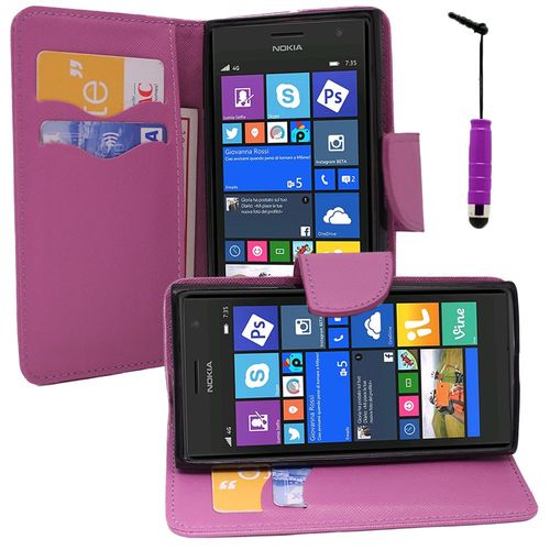 Etui Portefeuille Pour Nokia Lumia 735 4.7" Support Video Cuir Pu Effet Tissu - Violet + Mini Stylet