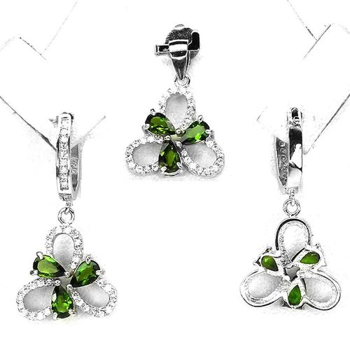 Parure Chrome Diopside Vert Argent 925. Pendentif + Chaine, Boucles D'oreille