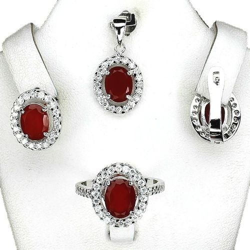 Parure Cornaline Orange Argent 925. Pendentif + Chaine, Bague, Boucles D'oreille