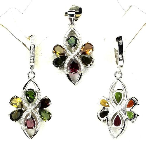 Parure Tourmaline Multicolore Argent 925. Pendentif + Chaine, Boucles D'oreille