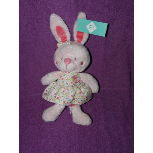 Doudou Lapin Rose Tex Baby Oiseau Tulipes Fleurs Peluche Bébé
