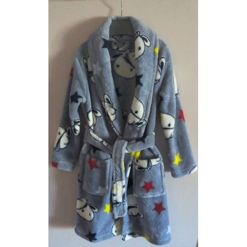 Peignoir Mixte Enfant 100% Neuf 4 Ans - Veste Sortie De Bain Robe De Chambre Toucher Peluche Ultra Doux - Gris Bleuté Imprimé Étoile Rouge Bleu Jaune + Petit Animal Blanc Mignon - 2 Poches + Ceinture