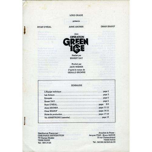 Operation Green Ice, Dossier De Presse, Ernest Day, Avec Ryan O'neal, Anne Archer, Omar Sharif