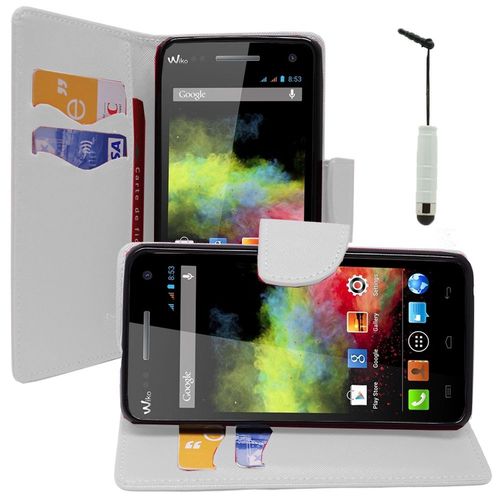 Etui Portefeuille Pour Wiko Rainbow Support Video Cuir Pu Effet Tissu - Blanc + Mini Stylet