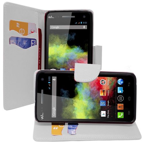 Etui Portefeuille Pour Wiko Rainbow Support Video Cuir Pu Effet Tissu - Blanc
